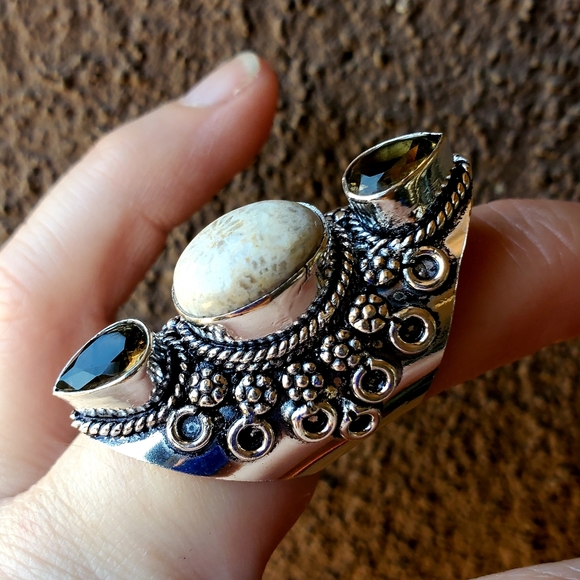 New Fossil Coral & Smoky Topaz 925 Silver Ring. - Picture 11 of 16